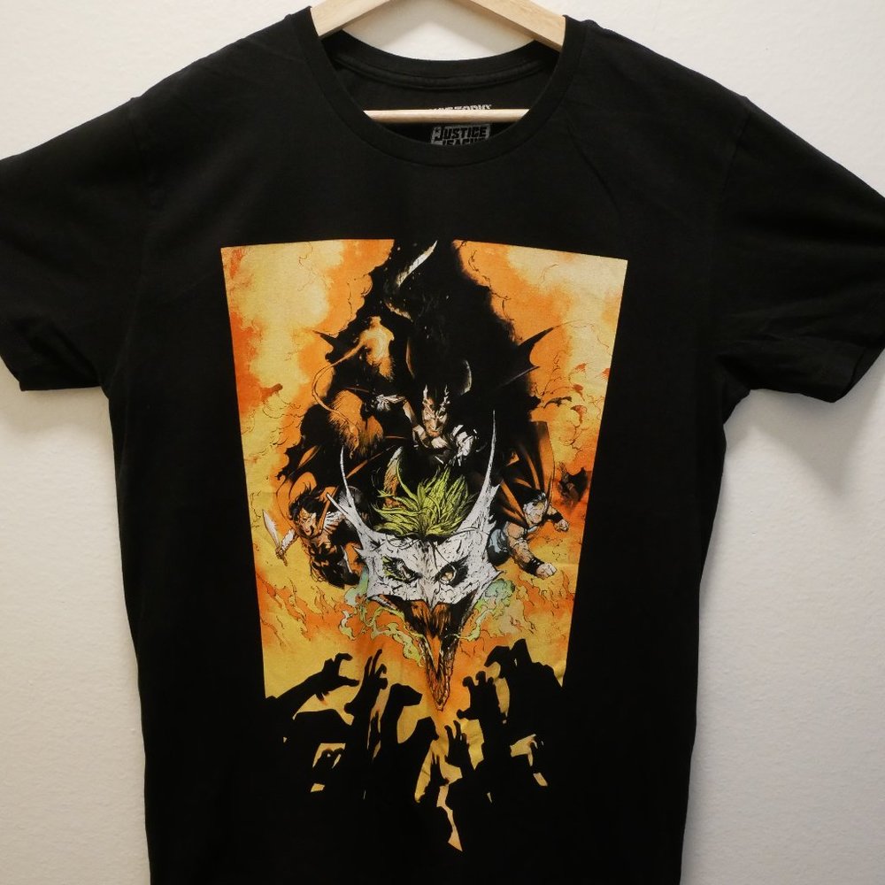 JUSTICE LEAGUE RARE METAL DC COLLECTION DOUBLE SIDED BLACK COTTON LARGE T SHIRT